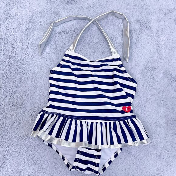 Kiko & Max Striped Ruffled One Piece Swimsuit Blue White Silver Baby Girl 12M - Picture 1 of 7